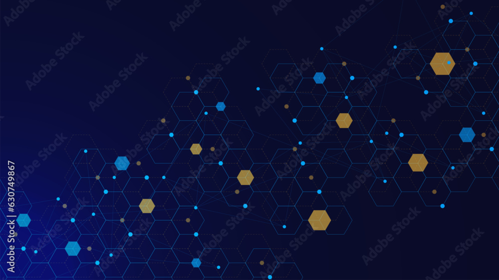 Poster hexagons with connecting the dots and lines for networking technology concept. molecular structure, 