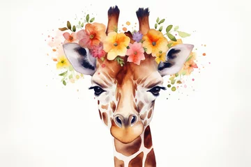 Gardinen Watercolor paint illustration of giraffe face in flowers on white © Ievgen Skrypko