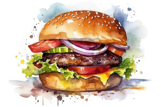 watercolor painting of big tasty burger with meat and vegetables in bright colors