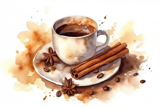 watercolor painting of cup with hot coffee drink with cinnamon and cloves