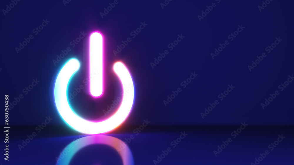 Poster start button press icon with neon light, abstract image of startup, boost challenge, launch, 3d rend