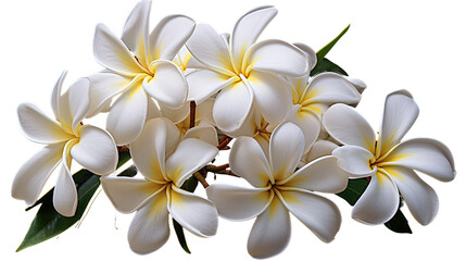 Gorgeous white plumeria rubra blooms separated on a white backdrop.