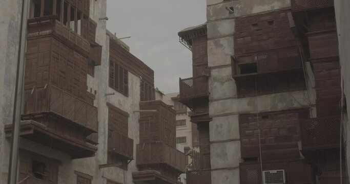 Old houses with wooden mashrabiya in al-Balad quarterJeddah  Saudi Arabia