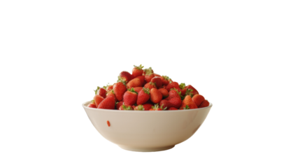 Strawberries in a white bowl are seen separate from the rest of the scene.