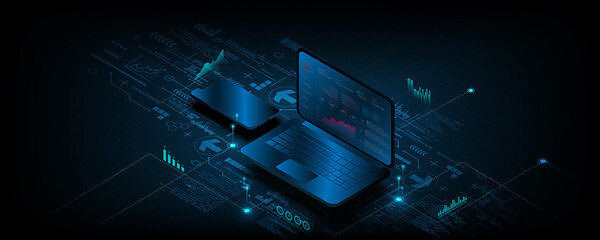 Abstract background image, digital technology concept, circuit board, network, graph, market data, technology trading on laptop and mobile phone.