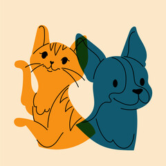 Dog and cat. Avatar, badge, poster, logo templates, print. Vector illustration in a minimalist style  with Riso print effect. Flat cartoon style