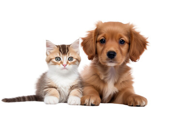 Cute small kitten and puppy on a white backdrop. - obrazy, fototapety, plakaty