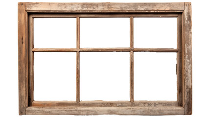 An authentic old window frame from a house, separated from its surroundings and placed on a plain white background.