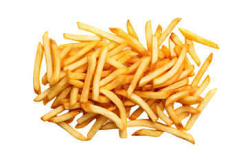 A pile of French fries on a white surface, seen from above.