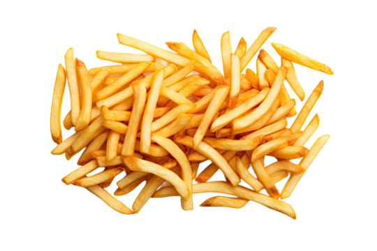 A pile of French fries on a white surface, seen from above.