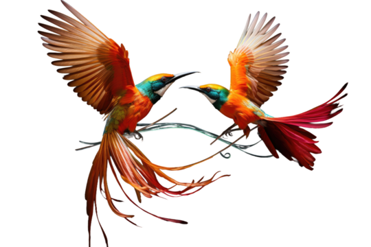 Birds of Paradise engaged in aerial combat, alone on a blank backdrop, brightly colored avian creatures, Merops Apiaster.