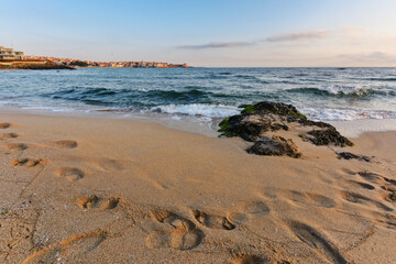 Fototapeta na wymiar beach on the black sea. vacation and relax background. beautiful vie on warm september morning