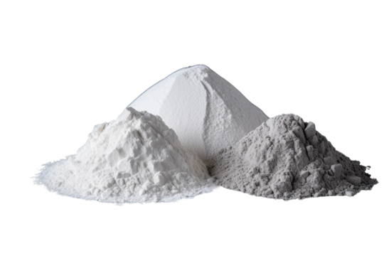 Gypsum, clay, or diatomite in powder form separated on a gray surface.