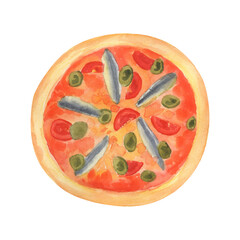 Pizza with anchovies. Watercolor hand painted illustration isolated on white