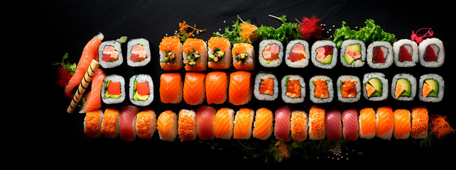 Assorted sushi, rolls and maki big set on dark background A variety of Japanese sushi with tuna, crab, salmon, eel and rolls. Top view