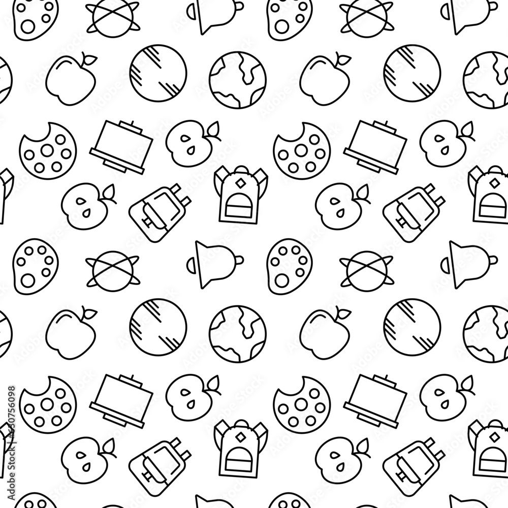 Poster education vector seamless pattern. texture background with thin line icons. black outline symbols of