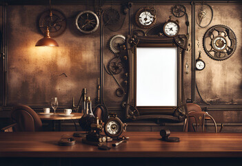 a mock-up poster blank frame in a steampunk-style restaurant 