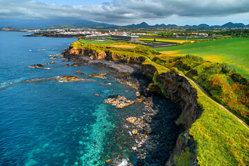 Naklejka premium Drone point of view, picturesque nature of Azores.