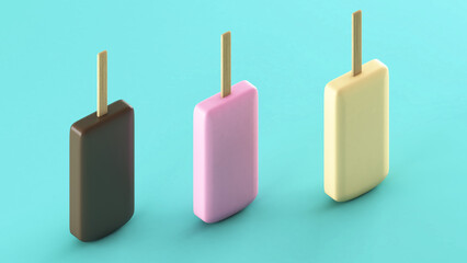Popsicle art made with sticks, three flavors, and three colors. ,3d rendering