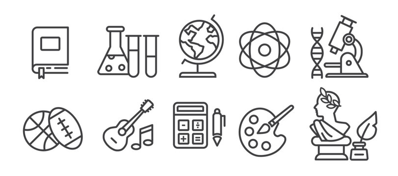 school subjects - thin line icon collection on white background - vector illustration