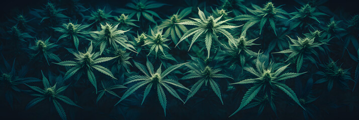 Fototapeta na wymiar Cannabis leaf plants on a dark background created with Generative AI technology