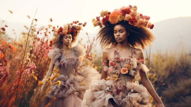 Beautiful black women wearing a laurels  made of colourful autumn flowers, dancing in the meadow.  Celebration of autumn. 