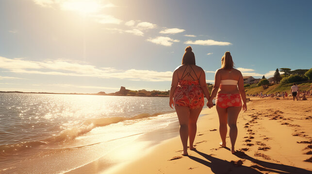 A Female friends couple with obesity walks along seacoast at sandy beach, Generative AI