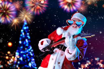 Santa Claus playing the electric guitar in a nightclub at a Christmas and New Year party or Corporate events. Senior guitar player as Santa at a rock concert, festival, or celebration - Powered by Adobe
