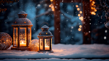 Christmas Lantern in snow with winter forest background. Winter decoration background with christmas lights.