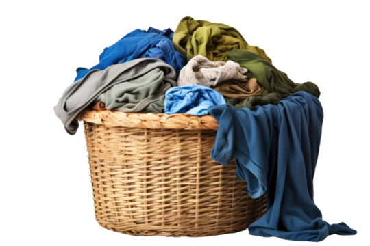 Dirty laundry on a white background within a clothes container.