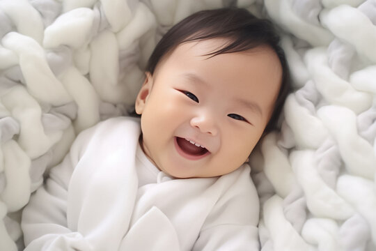 Portrait of cute Asian baby crawling on bed on the white blanket in bedroom. Portrait of smiling kid on white bed. Generative AI.