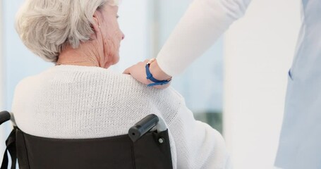 Hand, shoulder and wheelchair with an elderly woman in a nursing home for trust, wellness or empathy. Back, comfort or care with a senior female patient with a disability feeling support from a nurse