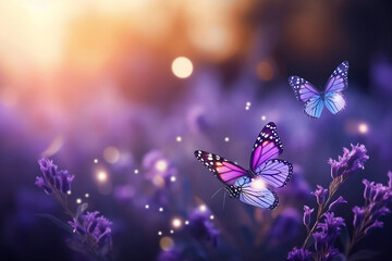 Sunny summer nature background with fly butterfly and lavender flowers with sunlight and bokeh. Outdoor nature banner - Powered by Adobe