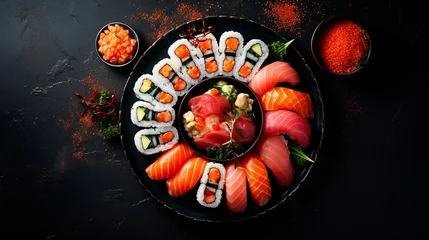  Assorted sushi, rolls and maki big set on dark background A variety of Japanese sushi with tuna, crab, salmon, eel and rolls. Top view © petrrgoskov