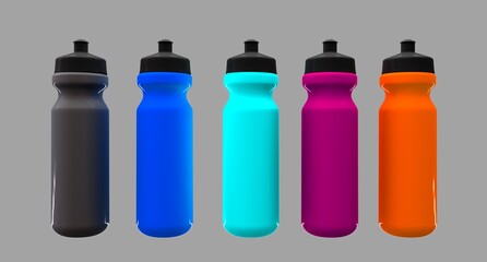 Sport water bottle. Isolated plastic fitness bottle template. Summer travel. Bike flask blank mockup, reusable container design, adventure equipment. 