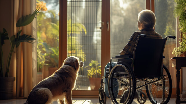 Rear View Lonely elderly senior man in a wheelchair with his dog in nursing home looking out the window. Generative AI