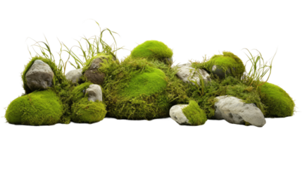 Green moss, accompanied by ornamental stones and grass, displayed on a white background, devoid of any other elements.