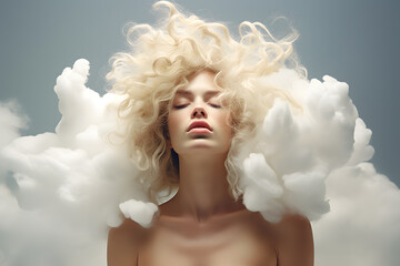 Girl’s head covered with cloud or smoke portrait art photo created with Generative AI technology