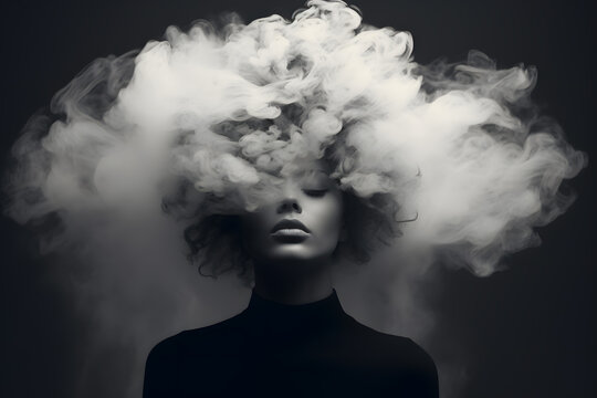 Girl’s head covered with cloud or smoke portrait art photo created with Generative AI technology