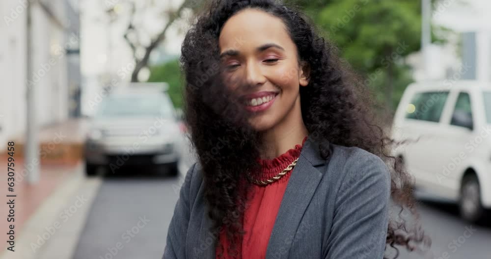 Canvas Prints Face, arms crossed and a business woman in the city for travel or commute to work in the morning. Portrait, smile or mindset and a happy young female professional employee with the wind in her hair