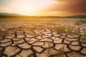 view of rice fields with cracked soil due to global warming. generative AI - obrazy, fototapety, plakaty