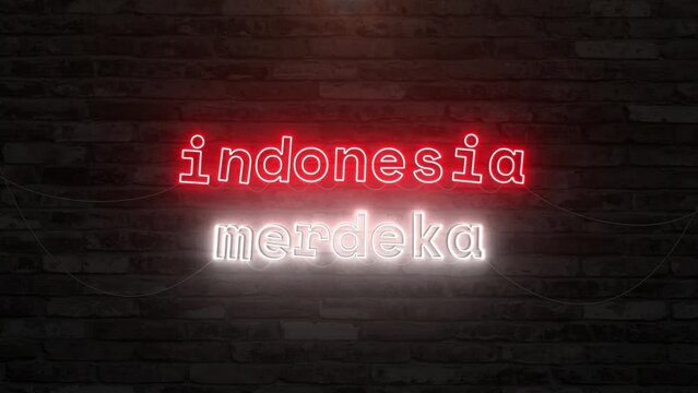 Indonesia merdeka with neon text effect in wall background. Seamless looping video