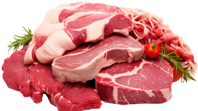 Set of fresh meat separated on a plain white background.