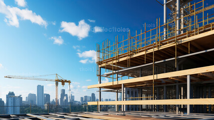 Fototapeta premium Construction of new building with reinforced concrete floors. Construction of modern design architecture project in downtown, high rise multi storey building construction