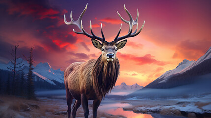 Arctic Wildlife Serenade, Deer in the Glow of Aurora Borealis and Mountains. Generative AI