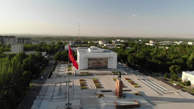 Bishkek Ala-Too square. Big Kyrgystan flag. Aerial drone view. Flying over. High quality 4k footage