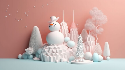 Fototapeta na wymiar Funny figure of a snowman in winter Christmas festive landscape . Merry Christmas and Happy New Year. Christmas sale. Holiday background. AI generative