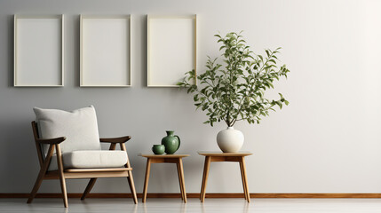 Table with eucalyptus in vase, magazine and armchair in light wall. Generative AI