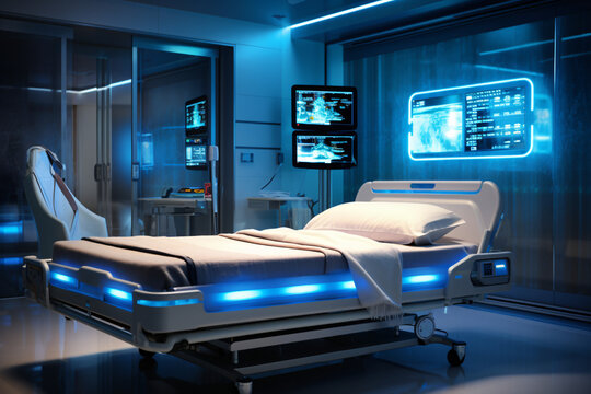 An image of a future hospital room with a holographic patient data display next to the bed.