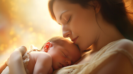 Mother and newborn baby in a tender moment - obrazy, fototapety, plakaty